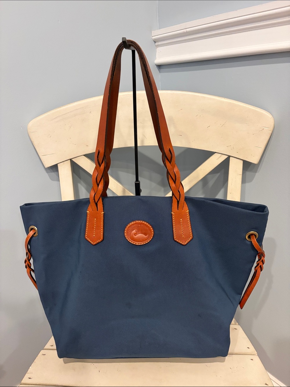 Dooney & Bourke Navy Canvas Tote with Brown Leather Braided Straps